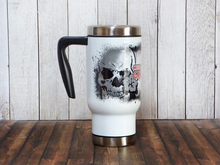 Totenkopf Edelstahl Thermobecher mit Spruch 'Meistens bin ich ganz nett' – 470ml Reisebecher, Handbe