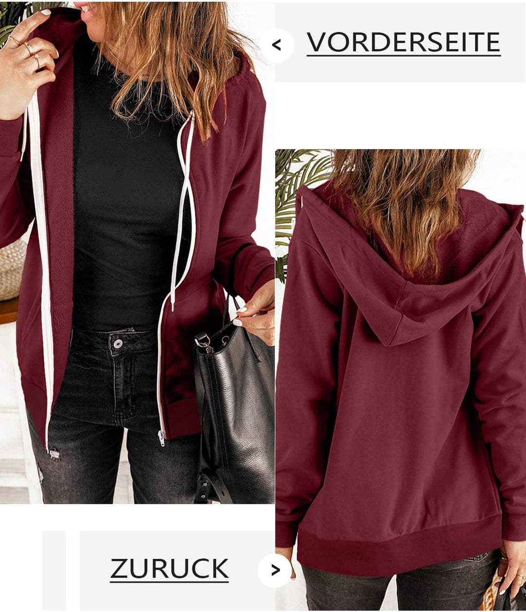 Uusollecy Damen Sweatjacke Hoodie Sweatshirtjacke Pullover Oberteile Kapuzenpullover Einfarbig Full