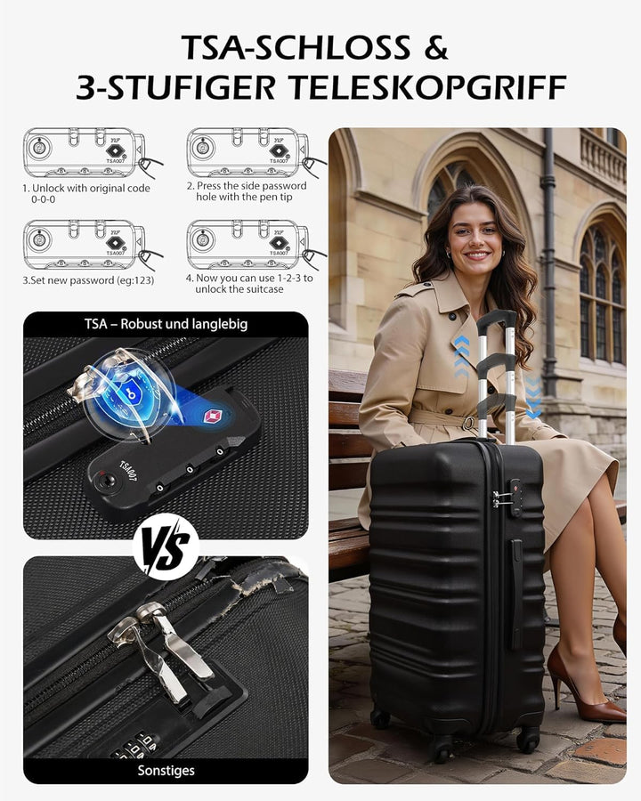 COOLIFE Hartschalen-Koffer Trolley Rollkoffer Reisekoffer mit TSA-Schloss und 4 Rollen (Schwarz, Han