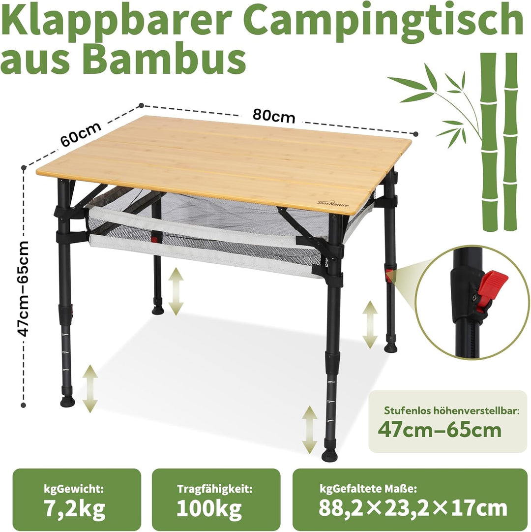Campingtisch klappbar Bambus, stufenlos höhenverstellbar 47–65 cm, faltbarer Campingtisch mit Alumin