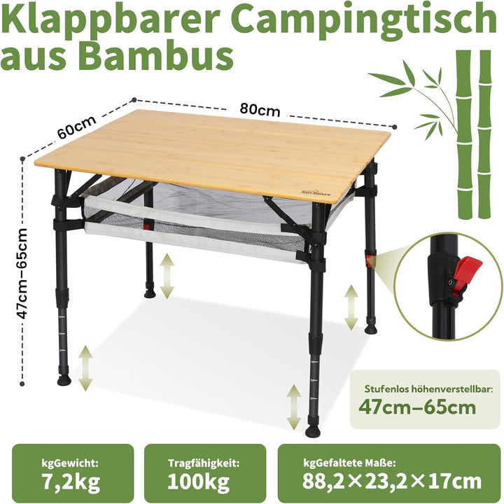 Campingtisch klappbar Bambus, stufenlos höhenverstellbar 47–65 cm, faltbarer Campingtisch mit Alumin