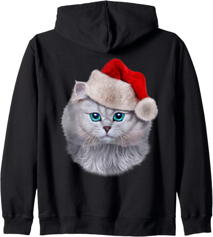Weisse Katze mit Weihnachtsmütze Kapuzenjacke