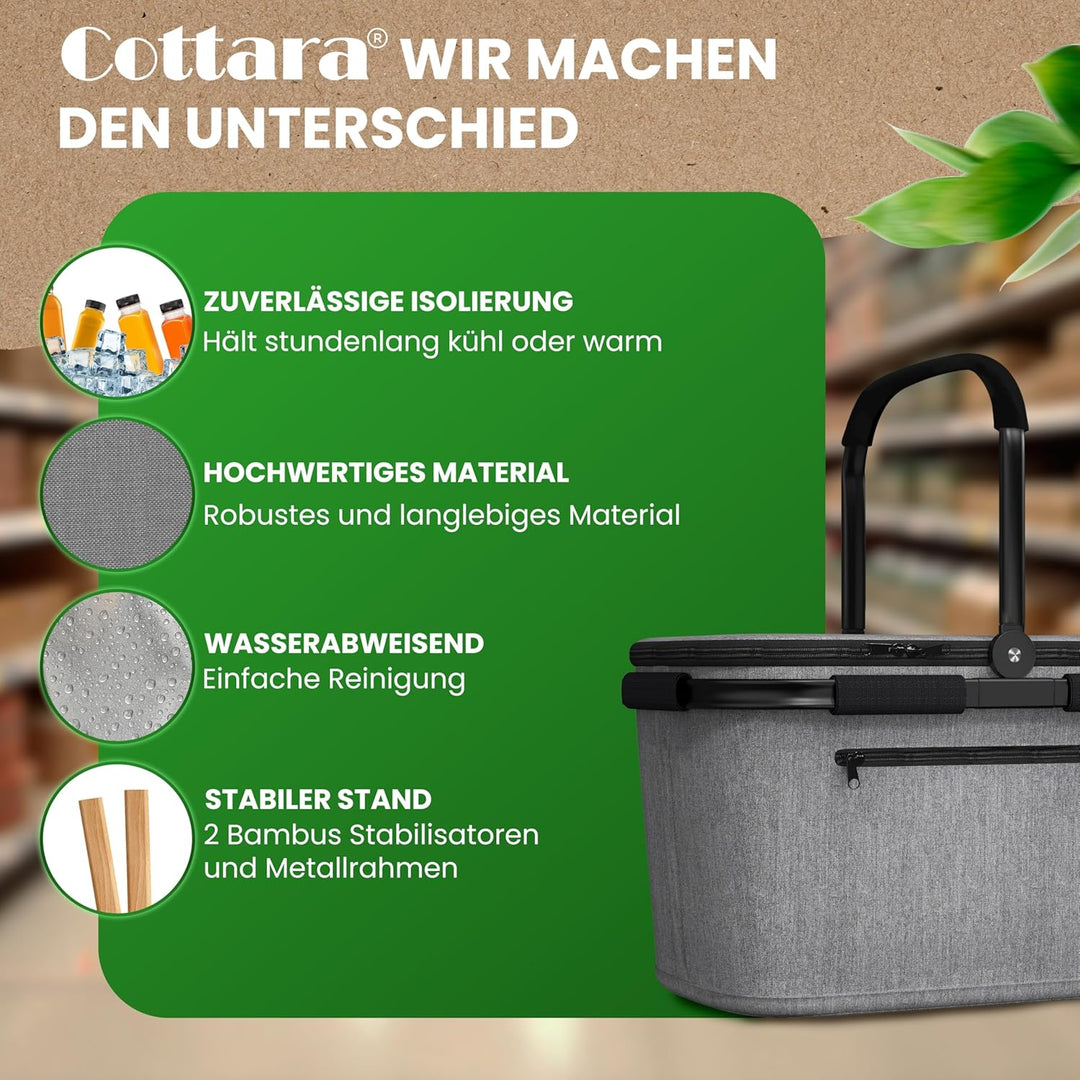 Thermo Einkaufskorb Kühltasche gross | isolierter Einkaufskorb mit Deckel, verstärktem Boden, Frontf