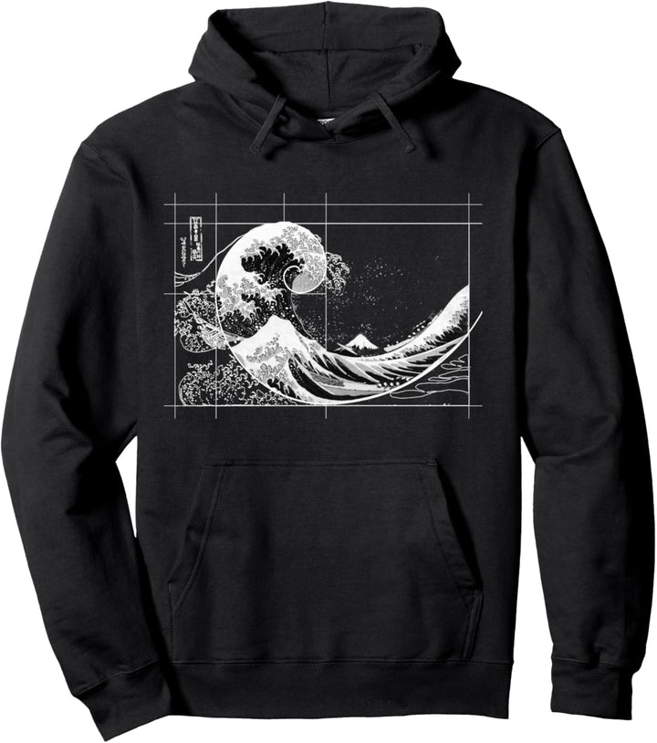 Hokusai trifft Fibonacci, schwarz-weiss, weisse Linie Pullover Hoodie