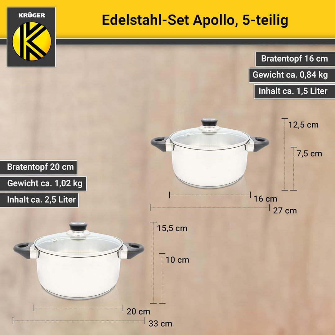 Krüger Edelstahl Kochtopf-Set Apollo 5-teilig - Topfset aus 4 Kochtöpfen und einer Stielkasserolle m