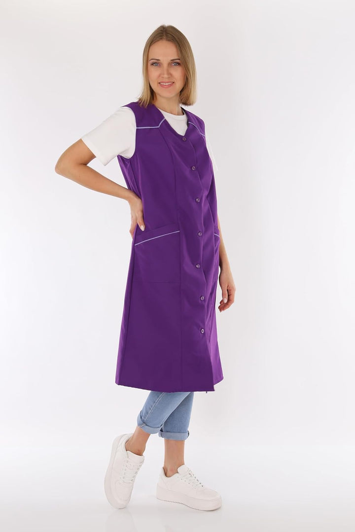 Damenkittel ohne Arm Kochschürze Kittel Schürze Knopfkittel einfarbig Hauskleid 36 Lila, 36 Lila