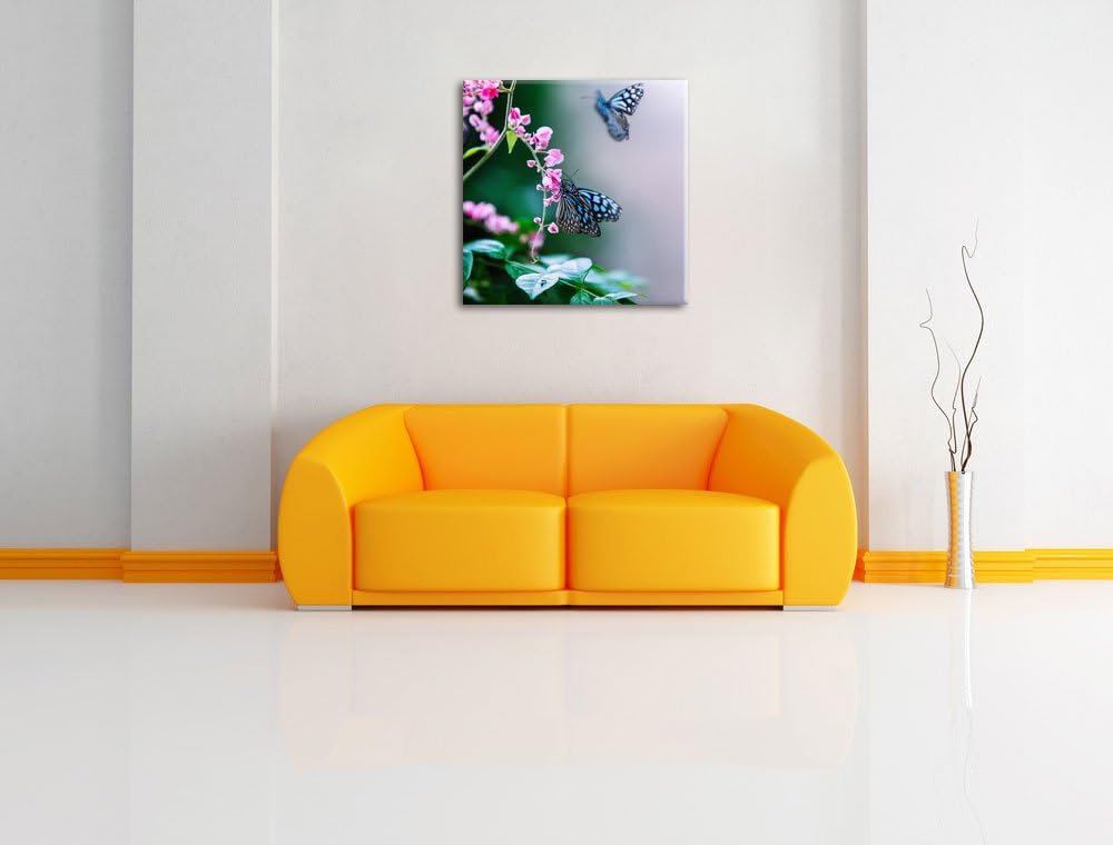 Pixxprint schöne Schmetterlinge auf rosa Blumen, Format: 70x70 auf Leinwand, 70x70