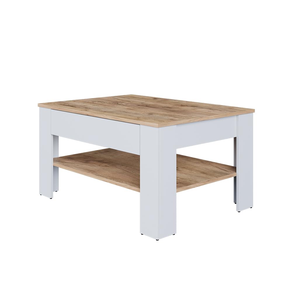 Vicco Couchtisch Milan, Wohnzimmertisch mit Schublade, Weiss/Goldkraft Eiche, 92.2 x 65 cm, Weiß