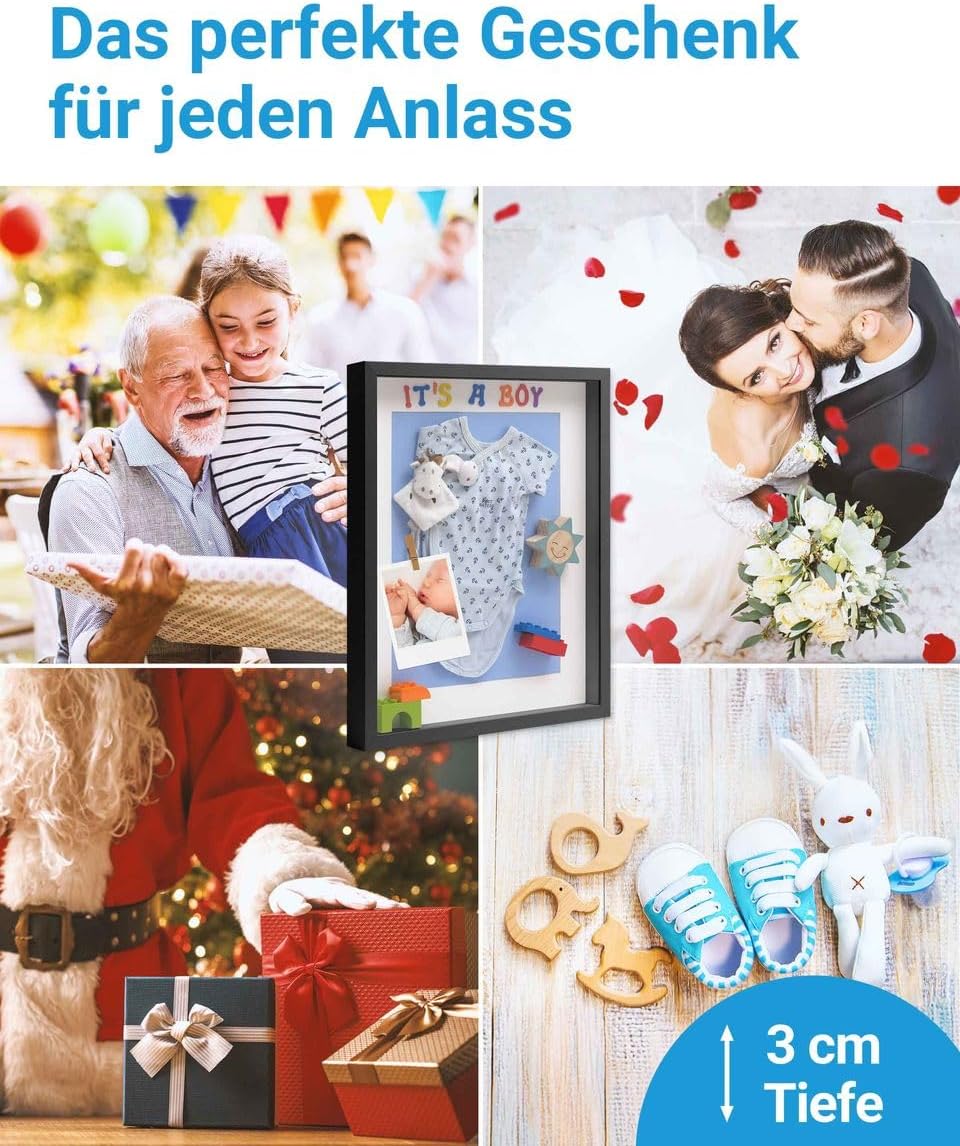 PHOTOLINI 3D Bilderrahmen zum Befüllen 30x40 Weiss gross, 3 cm tiefer Objektrahmen mit Glas, tiefer