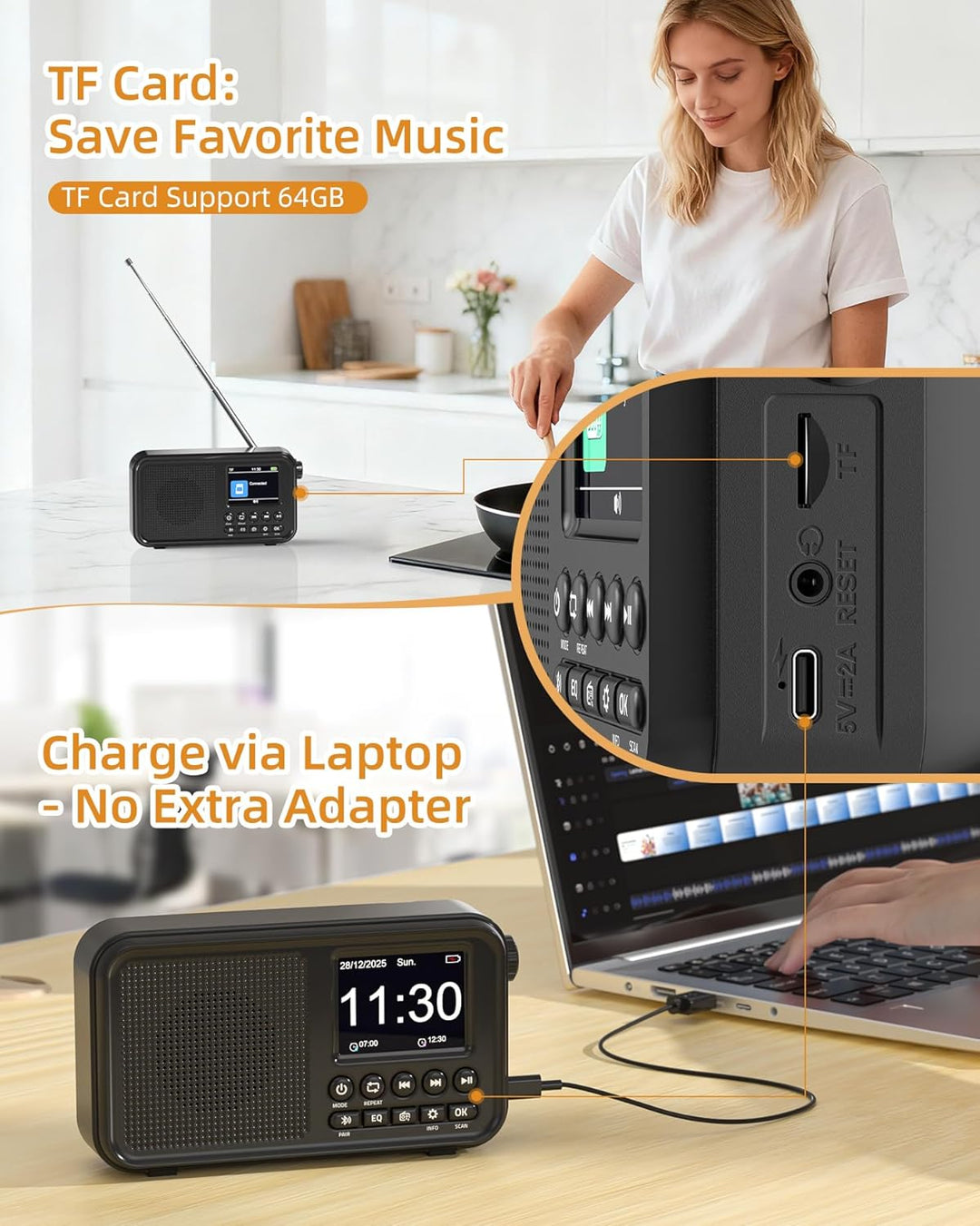 Tragbares DAB+ Radio mit Bluetooth, UKW/DAB Digitalradio mit 2,4" Farbdisplay, 80 Senderspeicher, 30