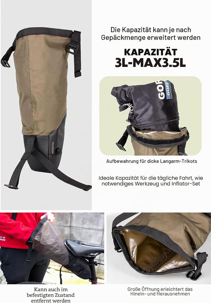 GORIX Fahrrad-Satteltasche, wasserdicht, erweiterbar, Rollentyp, 3 l, langlebig, leicht, für Rennrad