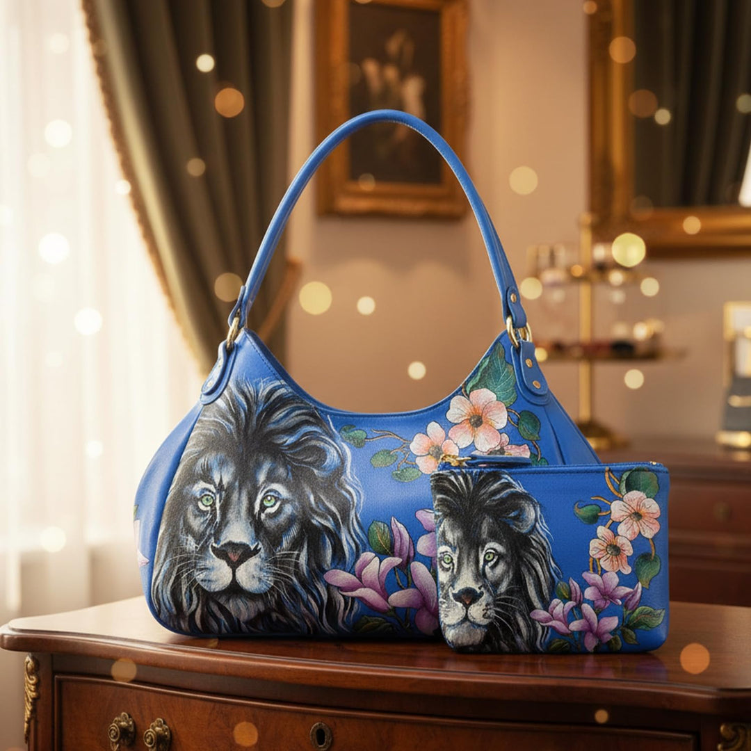 Anuschka Damen Cross Body aus Leder, handbemalt, Sapphire King