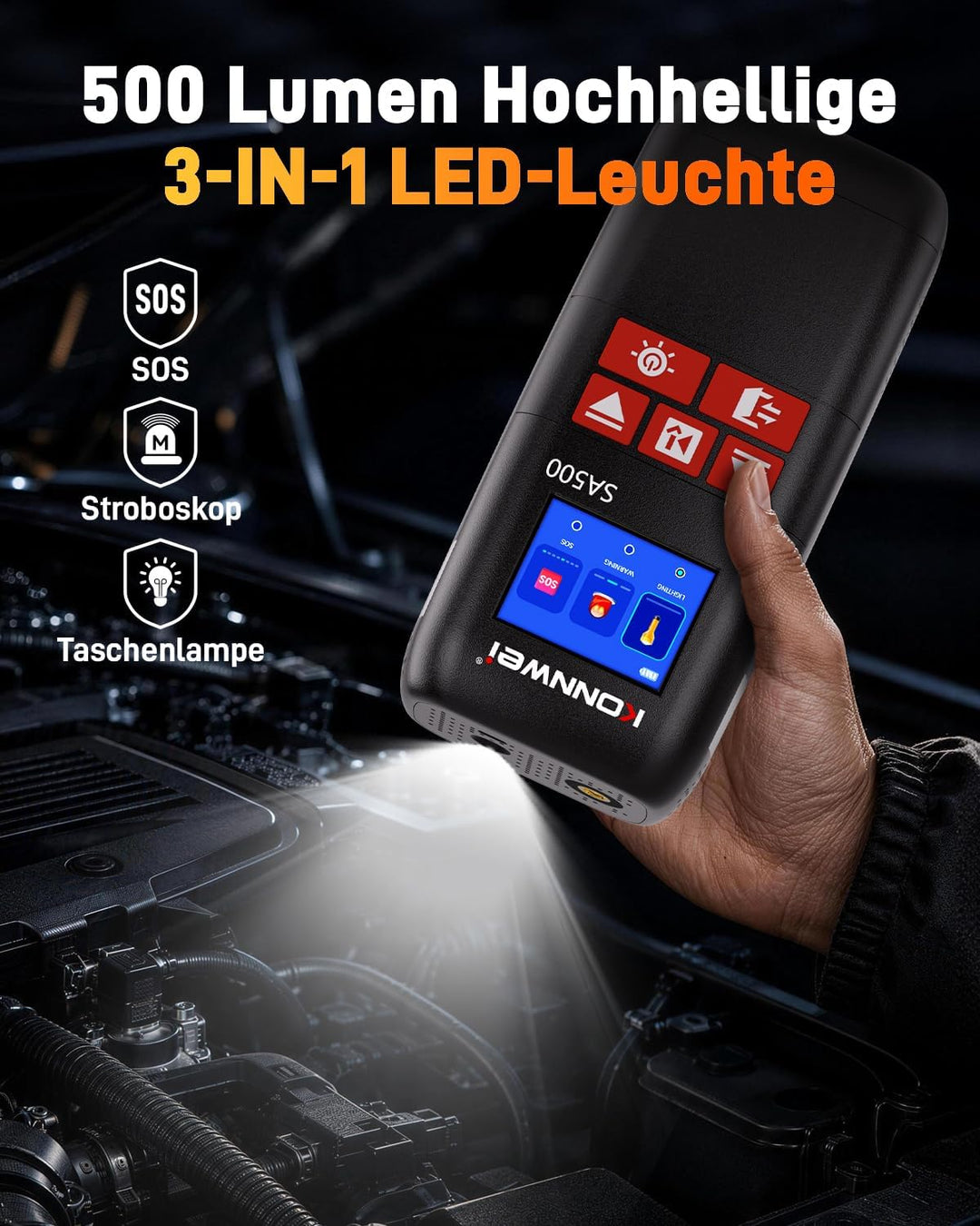 KONNWEI 4-in-1 Starthilfe Powerbank für PKW mit Kompressor | Batteriestarter mit LED-Licht und Power