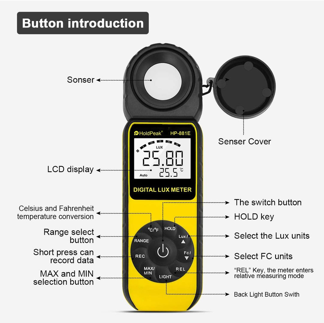 Belichtungsmesser, Digital Luxmeter Lichtmesser 300,000 Lux 881E, Lichtmessung Photometer Meter, mit