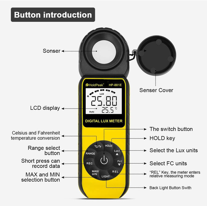 Belichtungsmesser, Digital Luxmeter Lichtmesser 300,000 Lux 881E, Lichtmessung Photometer Meter, mit