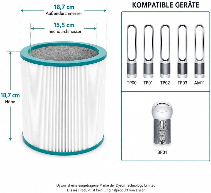 2 Lamellen-Hepa-Filter - Für Dyson TP00, TP03, AM11, TP02 kompatibel - Bestleistung beim Saugen