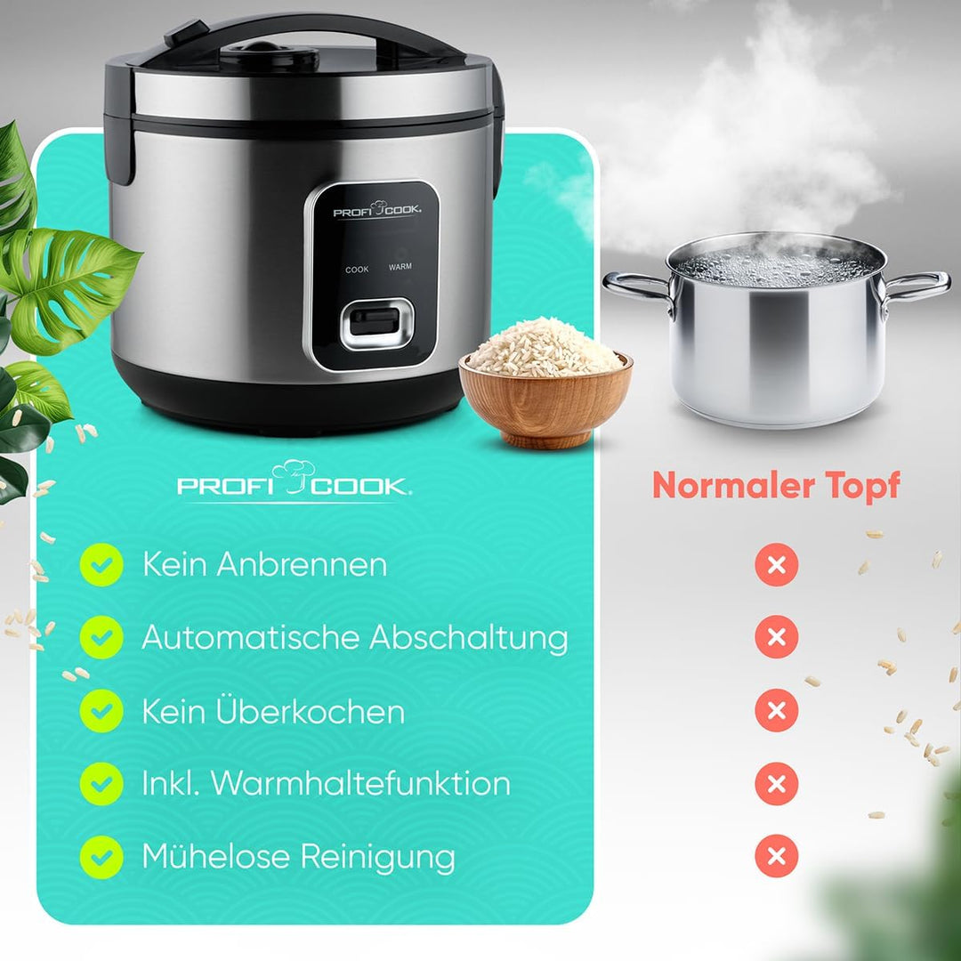 ProfiCook® Reiskocher für 3kg Reis | schnelle Zubereitung ohne Anbrennen | Warmhaltefunktion | inkl.