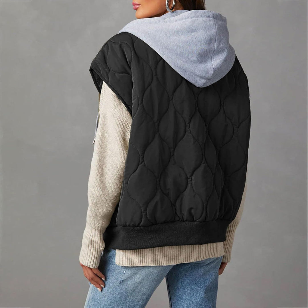Damen Einfarbige gesteppte Baumwollweste mit Kapuze und Reissverschluss, Jacke, Mantel, Weste, Mante