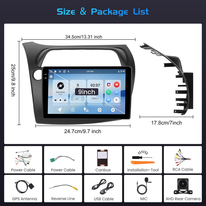 Inefala 4+128G Autoradio für Honda Civic VIII 2006-2011 Android 15 mit 9'' In-Cell Bildschirm Unters