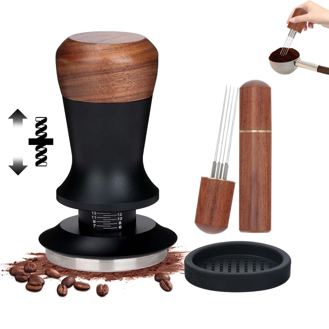 Kaffee Tamper Set: Tamper 51mm mit Holzgriff-WDT Tool mit 6 Nadel-Silikon Tampermatte, Kaffeestampfe