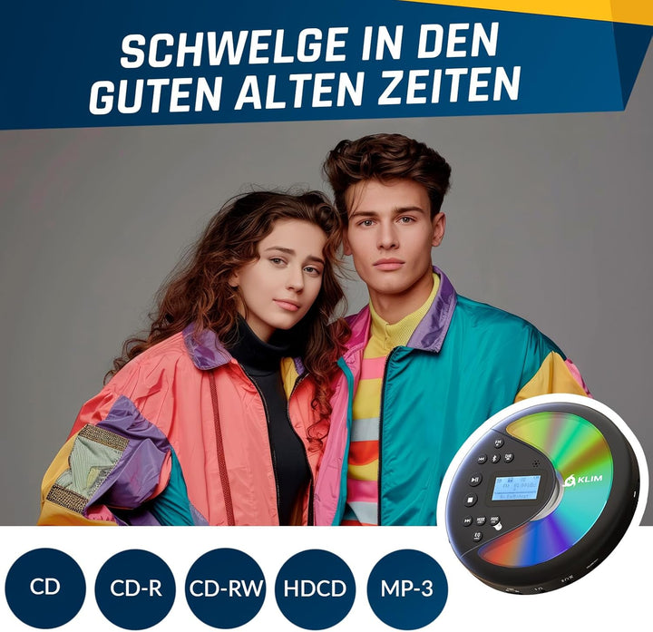 KLIM Discover Mit Kopfhörern + Tragbarer CD-Player Walkman mit langlebigem Akku + Radio FM + Kompati