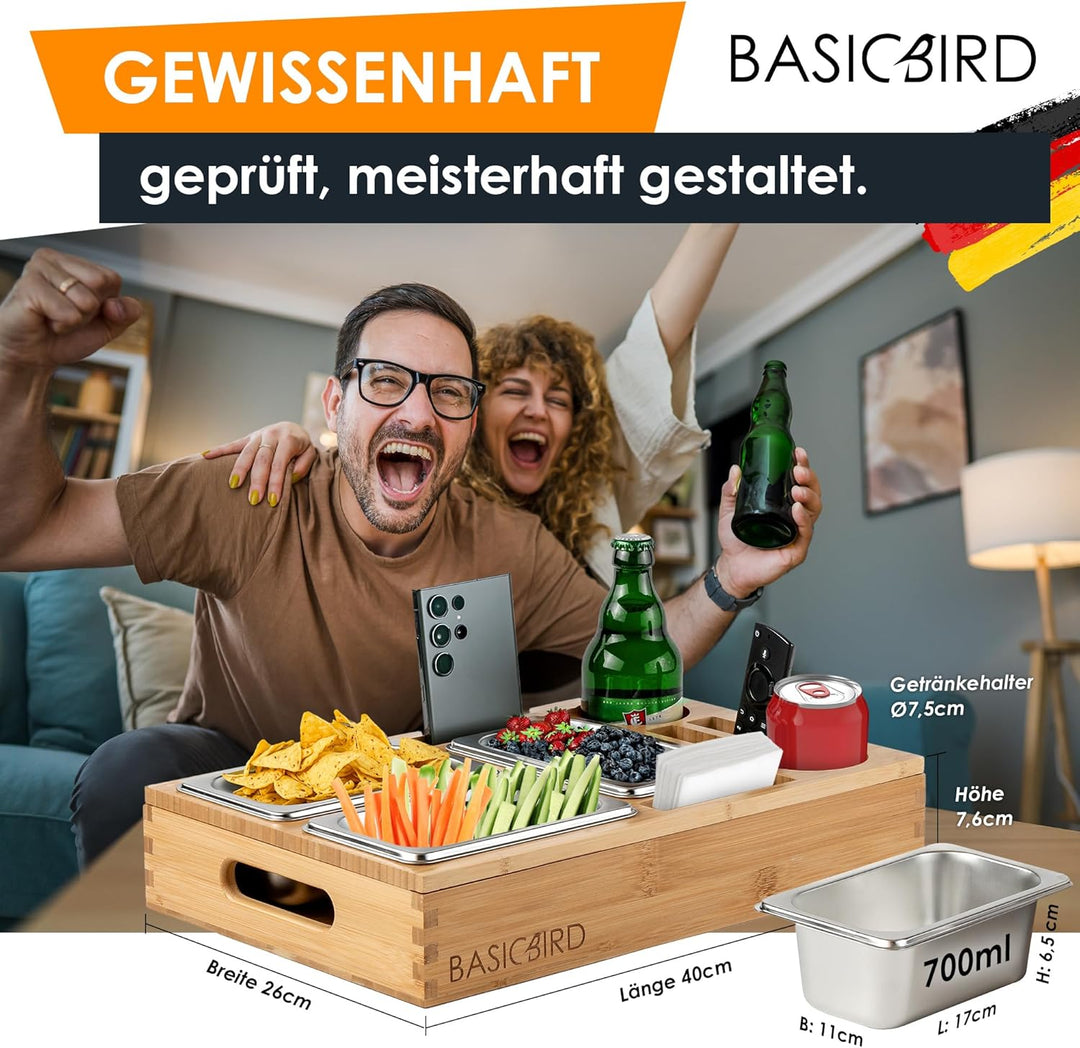 BASICBIRD® Couchbar Snackbox - Organizer Tablett- Snackspender mit 3X Snackschale - Holz Sofatablett