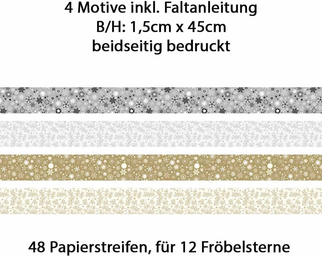 Heyda Faltstreifen für Fröbelsterne – 2er Set - bunt 96 Streifen 1,5x45cm + gold-silber 48 Streifen