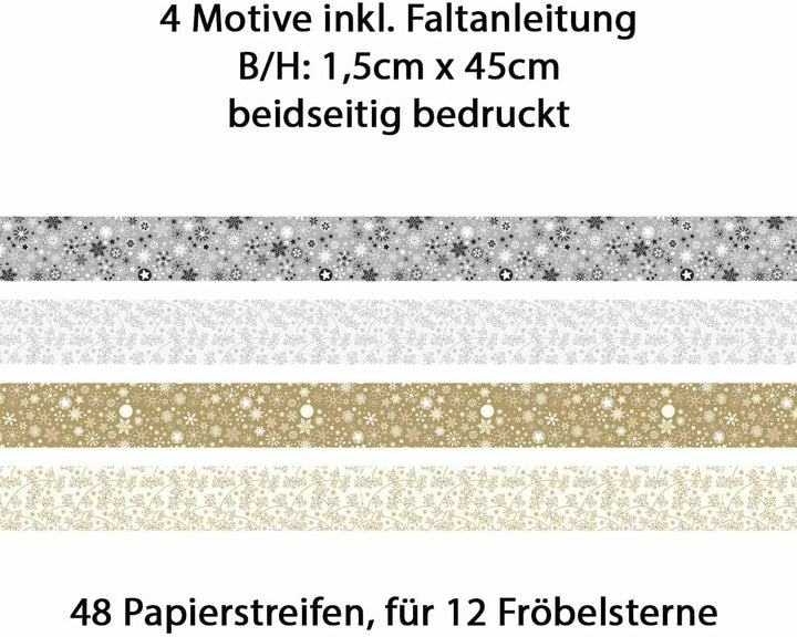 Heyda Faltstreifen für Fröbelsterne – 2er Set - bunt 96 Streifen 1,5x45cm + gold-silber 48 Streifen