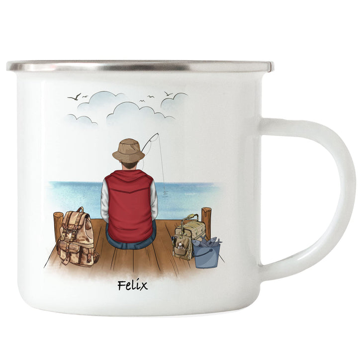 Angler Emaille Tasse Personalisiert Individuell mit Name Angeln Fischen Geschenk Opa Vater zum Vater