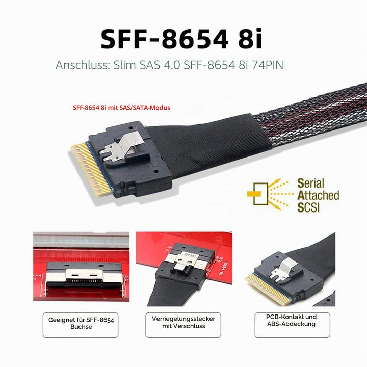 NFHK SlimSAS Host/RAID-zu-SATA-Zielkabel, Slim SAS 4.0 SFF-8654 8i 74Pin 1 zu 8 SATA 7Pin Raid Contr