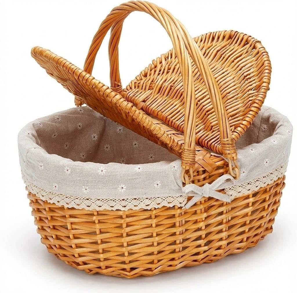 Weide Picknickkorb mit Deckel, Einkaufskorb Geflochten mit Henkel und & Liner, Pilzkorb, Weidenkorb
