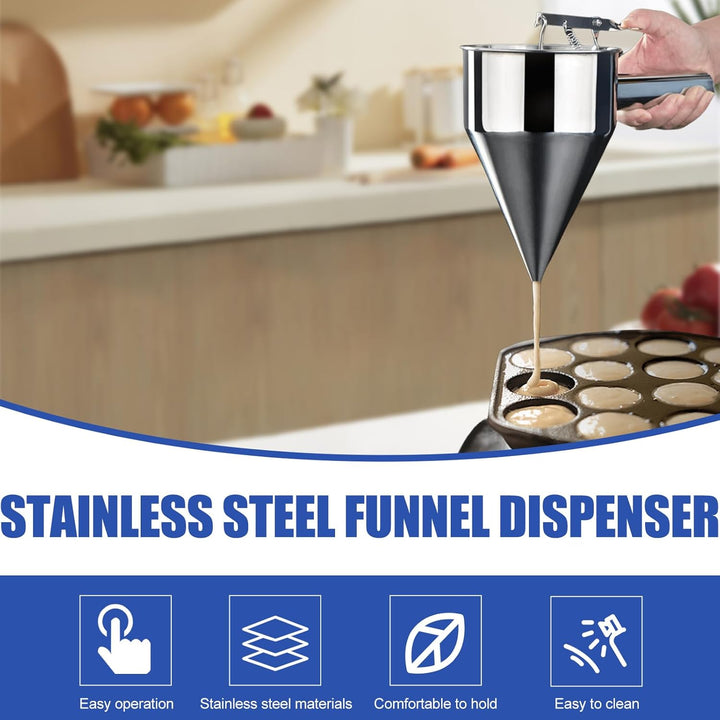Pfannkuchen Teigspender Teigportionierer, 1200ml Edelstahl Kuchenspender mit Deckel & 4 Ersatzdüsen