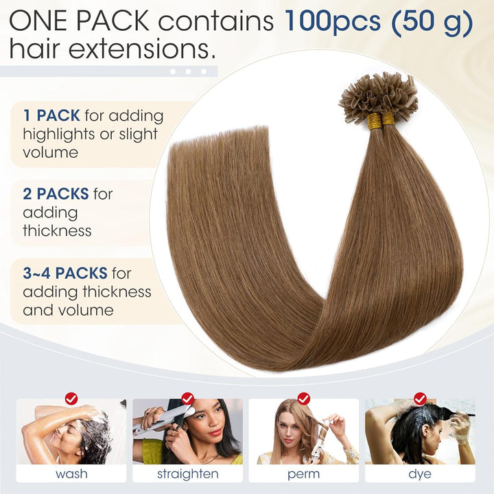 Elailite Bondings Extensions Echthaar #6 Hellbraun, 50g 40cm U Tip Hair Extensions Keratin 100 Sträh