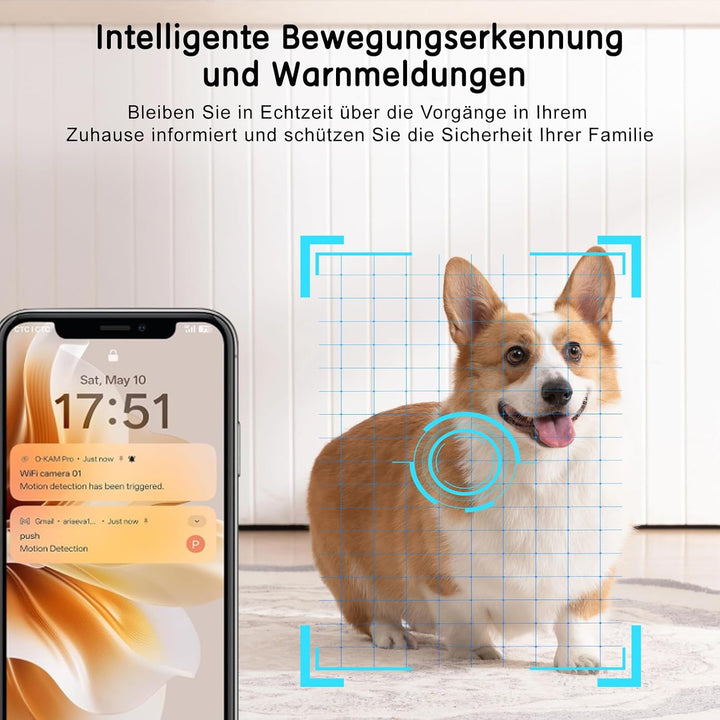 Mini Kamera, 2,4/5GHz WLAN-Überwachungskamera Innen, Bewegungsmelder,Nachtsicht SD/Cloud-Speicher/La