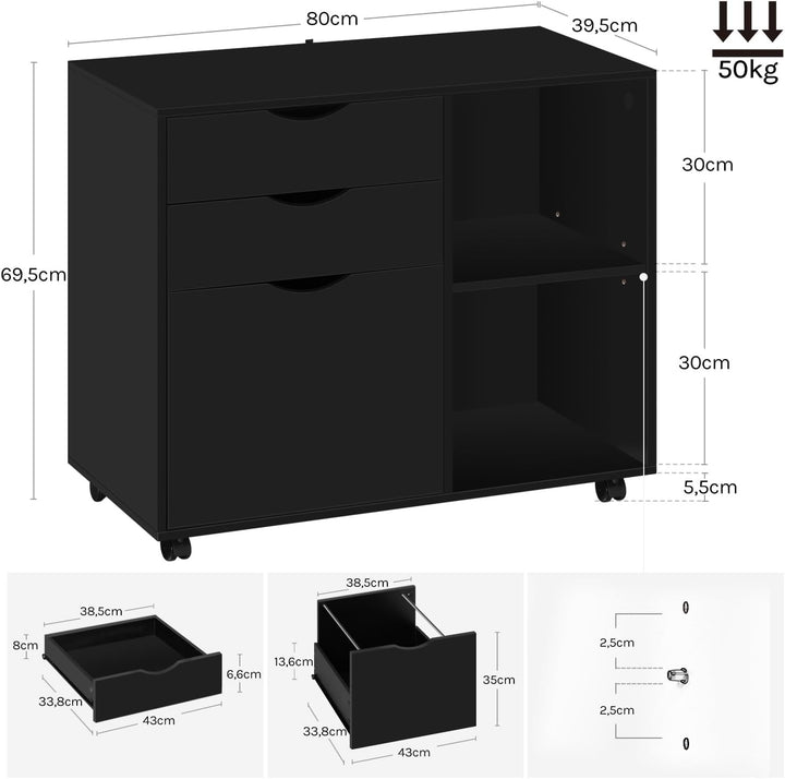 WOLTU Rollcontainer mit 3 Schubladen, mobiler Aktenschrank mit 5 Rollen, Büroschrank mit verstellbar