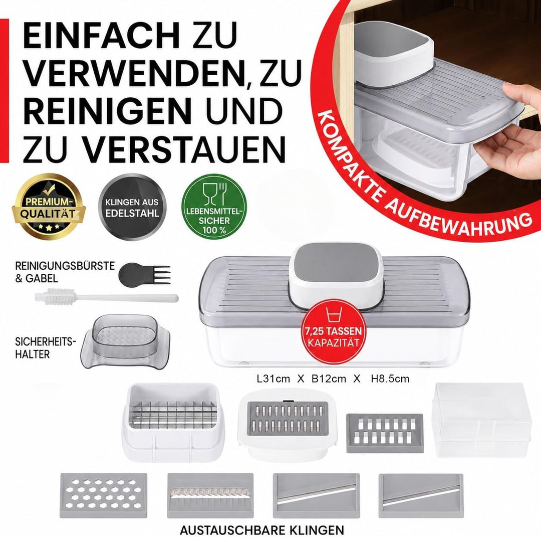 7-in-1 Gemüseschneider und Mandoline Gemüsehobel - Vertikaler Würfelschneider mit Behälter, Julienne