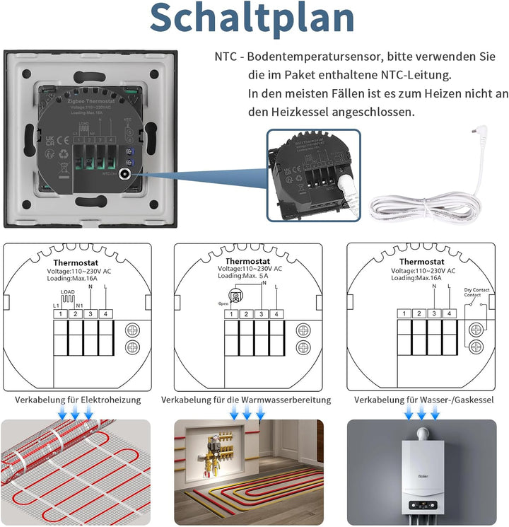 CNBINGO Zigbee Smart Thermostat Unterputz mit Fühler, Digitaler Raumthermostat für Wasser Fussbodenh