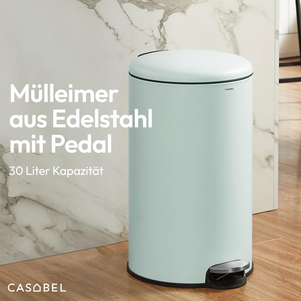 CASABEL Mülleimer Küche 30L, 100% Edelstahl, Resistent gegen Fingerabdrücke, Runder Treteimer mit Fu