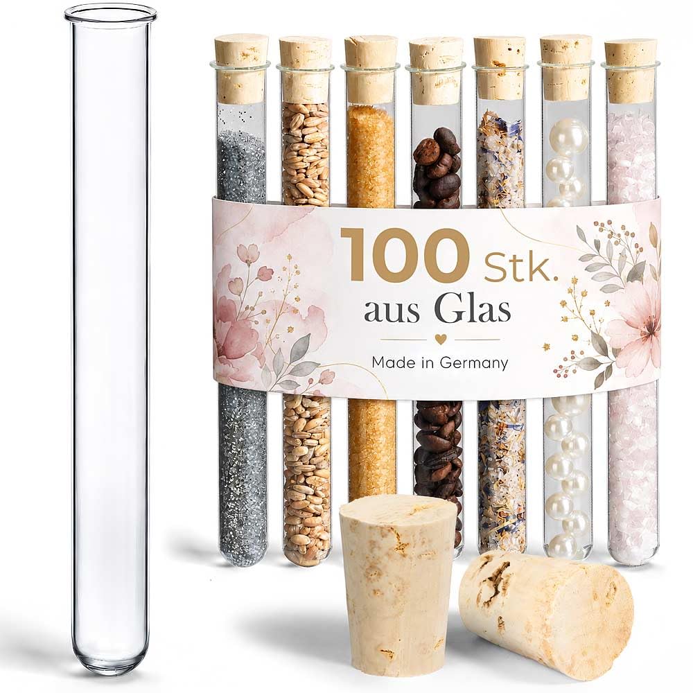 Tuuters 100x Glas Reagenzgläser mit Korken und Bördelrand (160 x Ø 16mm), 160 x Ø 16mm