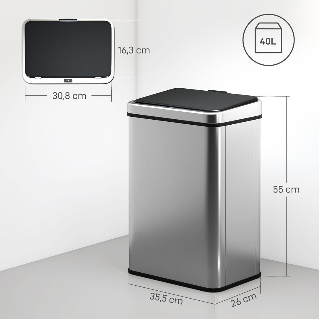 HOMCOM Sensor Mülleimer 40L Edelstahl Automatischer Mülleimer mit Soft-Close-Deckel Bewegungssensor