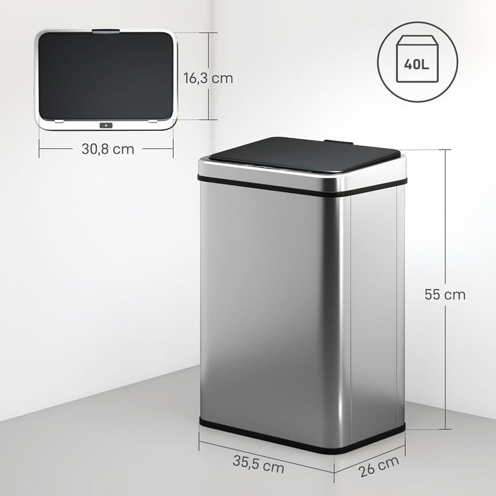 HOMCOM Sensor Mülleimer 40L Edelstahl Automatischer Mülleimer mit Soft-Close-Deckel Bewegungssensor