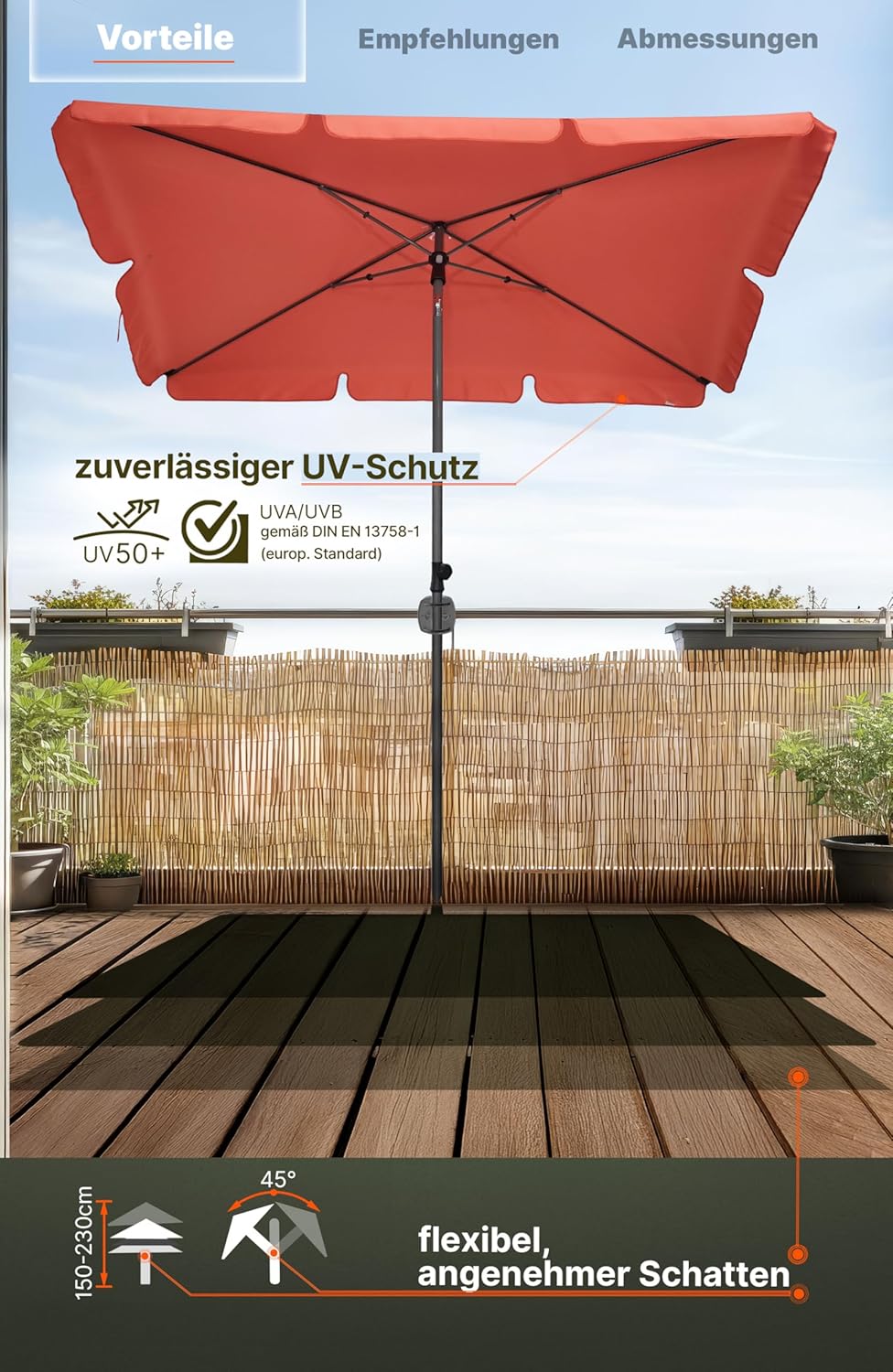 4smile Sonnenschirm Balkon 200 × 125 cm, Sonnenschirm rechteckig mit UPF 50+, 45° knickbar & höhenve
