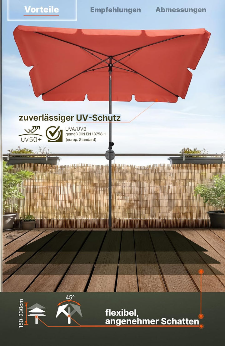 4smile Sonnenschirm Balkon 200 × 125 cm, Sonnenschirm rechteckig mit UPF 50+, 45° knickbar & höhenve
