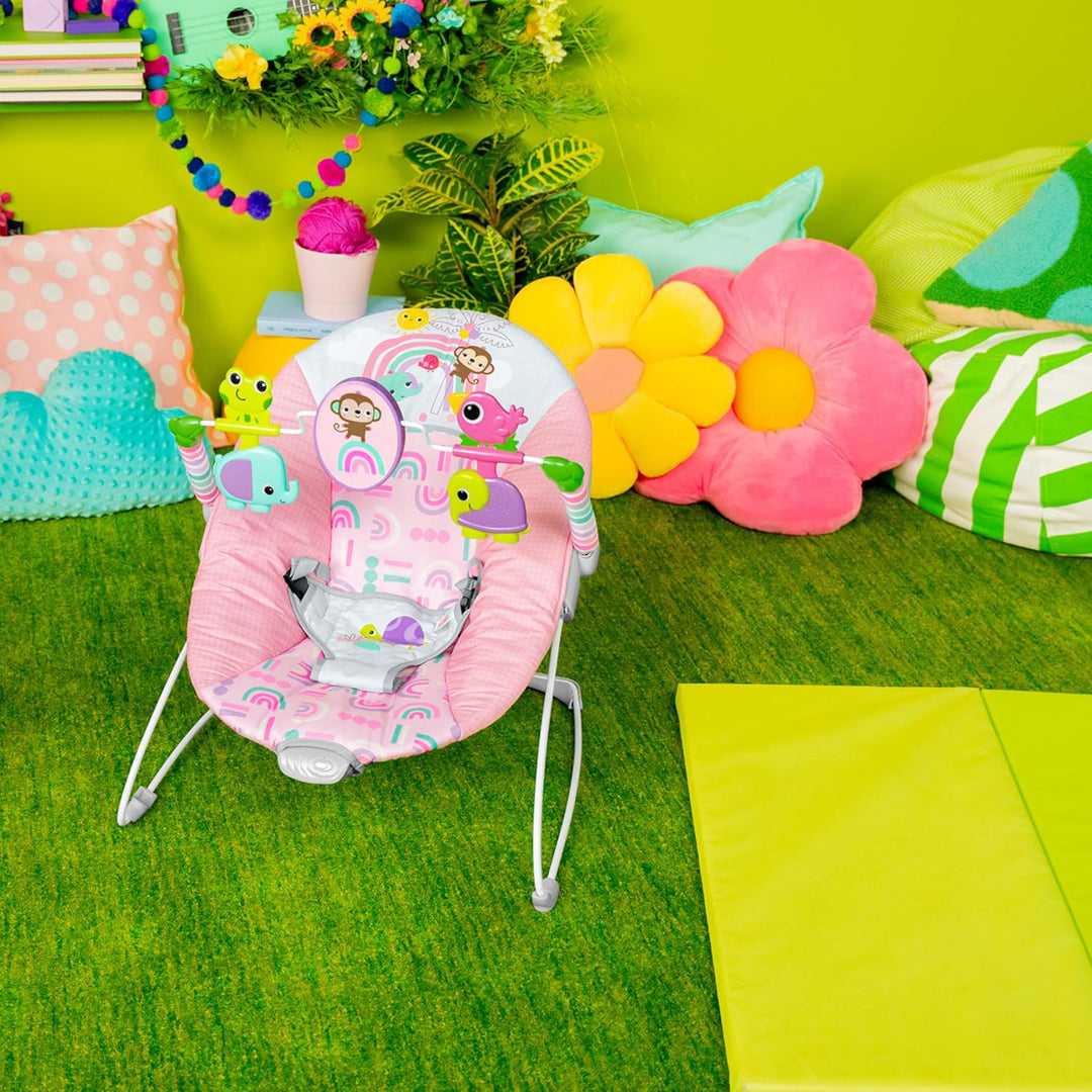 Bright Starts, Pink Paradise Tragbare Babywippe Babyschaukel mit vibrierendem Sitz und Spielzeugstan
