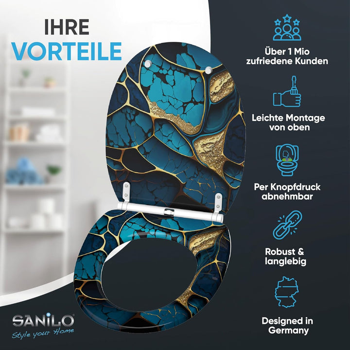 Sanilo WC Sitz mit Absenkautomatik &amp; Schnellverschluss, Toilettendeckel per Knopfdruck abnehmbar, ei