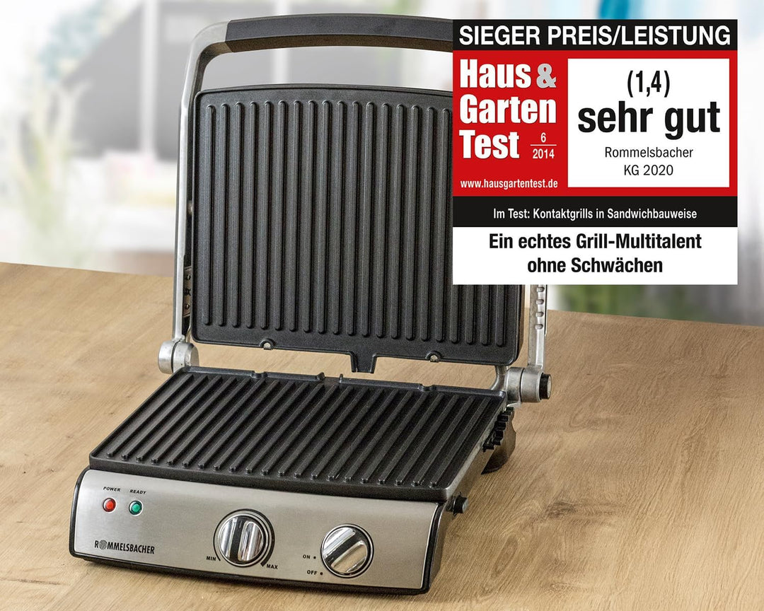 ROMMELSBACHER Kontaktgrill KG 2020 - variable Anwendungsmöglichkeiten, stufenlos regelbar, 5-fache H