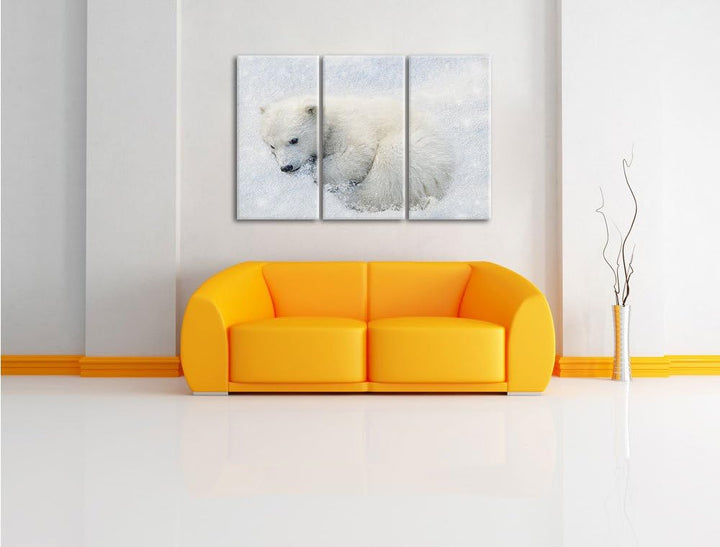 Pixxprint Eisbär im Schnee als Leinwandbild | Grösse: 3 Teilig (120x80) | Wandbild| Kunstdruck | fer