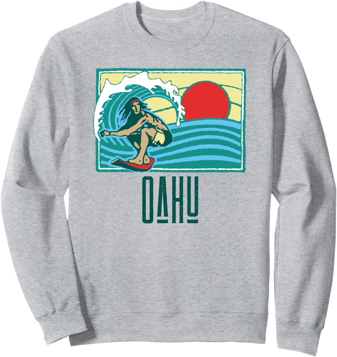 Oahu Hawaii Vintage Surfer &amp; Wave Retro Graphic Sweatshirt