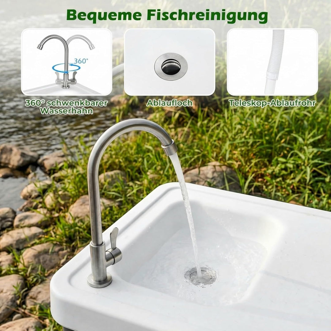 COSTWAY Fischreinigungstisch klappbar, Filetiertisch mit Spüle, Wasserhahn & Messskala, Campingtisch