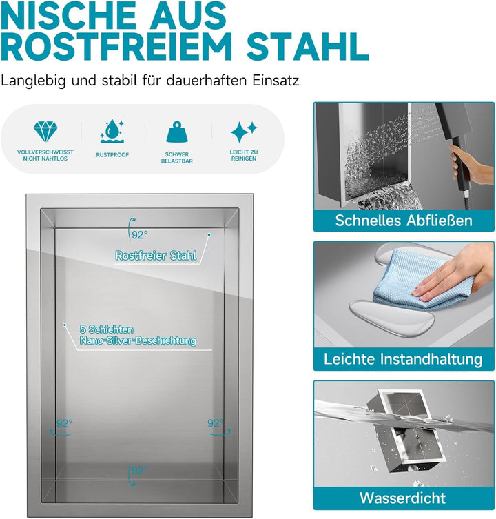 KEOKBON 20x30 x10 cm Nano-Silber Wandnische Dusche Edelstahl Einzelregal Lagerung, Keine Fliesen Erf